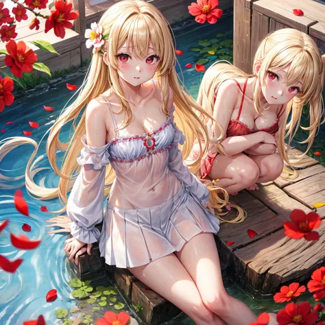 a blond、red eyes、1 pretty girl、animesque、lightly dressed、a miniskirt、sitting on、flower petals、bare-legged、wetting hair、sullenness、Camisole-wearing、rainbows