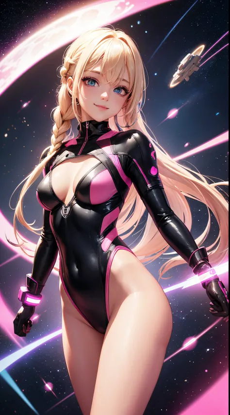 cyber girl in space, pink and black body suit, sci-fi, perfect body, bare legs, blonde hair, braided hair, smiling, beautiful eyes, detailed, masterpiece, high res, high quality, planets, stars