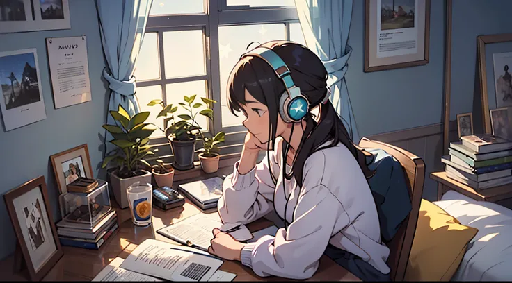 A girl is studying in her room, listening to music with headphones, looking very comfortable. There are bright stars twinkling outside the window, which is the style of Studio Ghibli. --auto --s2