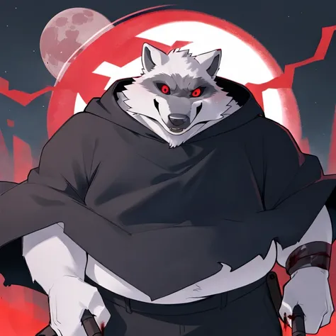 4K best quality, ultra high res, obese 1furry boy， solo，detailed eyes, obese wolf, volumetric lighting, amazing, finely detail, , black cloak  , white fur, red eyes, black sclera, bright pupils, bright atmosphere, fatter, upper body, full moon , red moon ,...