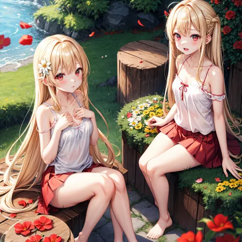 a blond、red eyes、1 pretty girl、animesque、lightly dressed、a miniskirt、sitting on、flower petals、bare-legged、wetting hair、sullenness、Camisole-wearing、rainbows