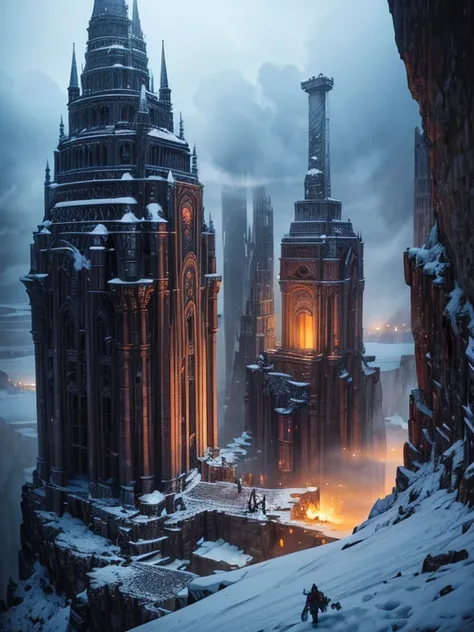 Digital illustration, Detailed and intricate, The panoramic landscape view, Gigantic ancient frozen tower ruins in the plateau, Intricate steampunk gigantic ice covered ruins, Night sky and chilly, Rocky and snowy and foggy, Pilgrims and adventurers, In th...