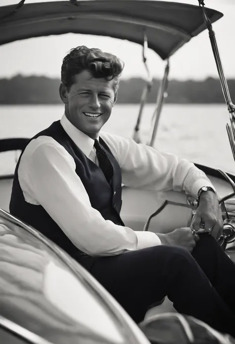 A photo of Kennedy enjoying a morning sail on a classic wooden yacht,original,John F. Kennedy, the 35th President of the United States, was renowned for his handsome, charismatic appearance, with his wavy hair, engaging smile, and a sense of style that exu...