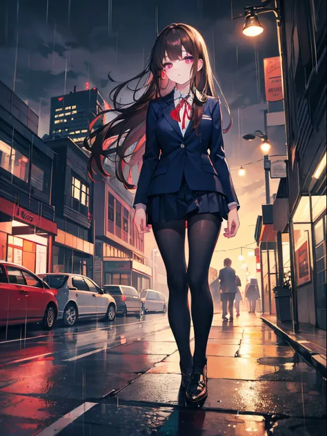 Intersection of the big city、Neon Street、nightcity、rainy day、high-level image quality、Brown hair long hair、Navy blue blazer school uniform with red ribbon、Reddish-purple eyes、Dark Tone, Vibrant colors、 Full body photo、Delicate drawing、