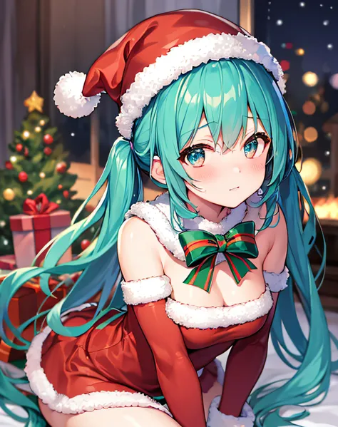 ​masterpiece、Top image quality、超A high resolution、miku hatsune、blue hairs、Twin-tailed、Blushing、is in estrus、Cute and shy、santa costume、Santa Costume Mini Skirt、Wearing a Santa Hat、firm breasts、well-shaped breasts、over-the-knee socks、Striped panties、There a...