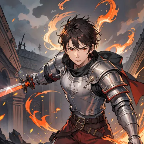 A 17-year-old teenager, 1 boy, with short brown hair, Medium short hair, eyes with brightness, No beard, without a goatee, absence of facial hair, Silver and red medieval knight armor, Red clothes, detailedbackground, Medieval samurai, schoolboy, The art o...