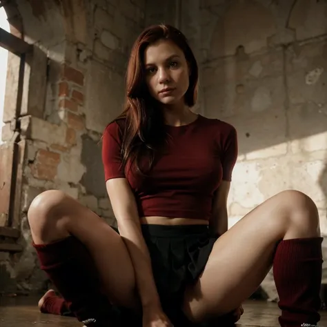 25yo busty Claire Danes. (Red thigh high knit socks). Black skirt. Sitting. Short straight Dark red hair.  (Loose Muscle tshirt) (open sleeves). (My so-called life) (Romeo+Juliet)