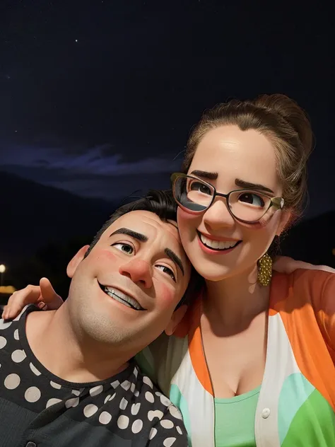 smiling woman and man posing for a photo at night, Casal feliz, Fotografia selfie 8k, during sunset, Noite!, par, at night, momma and papa, with sunset, Lovely couple, imagem de perfil, imagem de qualidade muito baixa, retrato de casal, retrato de casais, ...