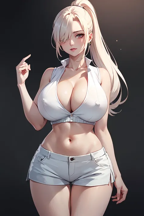 (Best quality,Unbeatable masterpiece:1.4),Ultra-detailed CG 4K,Gilet blanc，Single high ponytail，White slit shorts，Huge cleavage，Nipple presentation，Long white hair，AS-Adult，hair covering one eye，smooth thigh，standing with legs apart，Nipple presentation，nav...