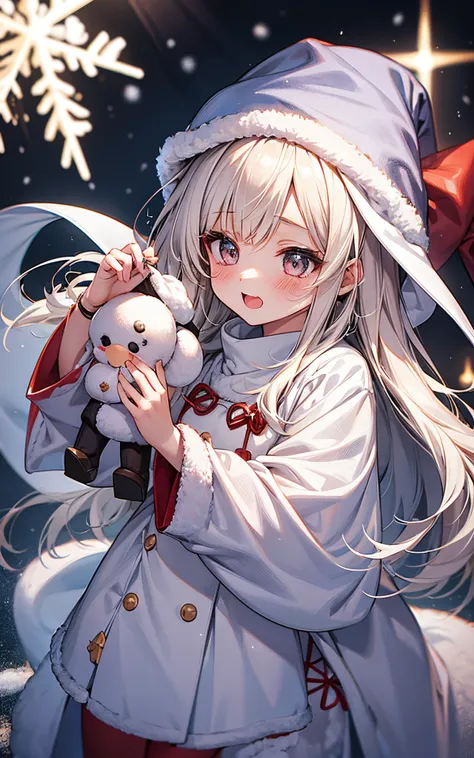 i kissed her。Cute little girl wearing her white Santa costume。Snowy Christmas night、Blessing light was pouring down from the sky。