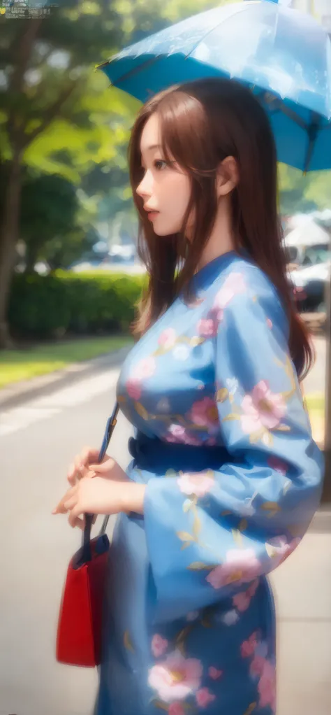 A woman stands under a blue umbrella, [ photos realistic ]!!, krystal, profile of anime girl, closeup Iwakura Lain, sakimichan, in a sunny day, ulzzangs, chiho, Photography], sun yunjoo, bae suzy, advertisement picture, Girl with brown hair, park ji-min