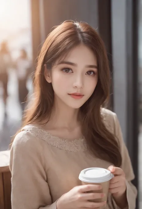 there is a young girl holding a cup of coffee in her hand, girl cute-fine-face, cute natural anime face, with cute - fine - face, sakimi chan, chiho, 奈良美智, young cute face, beautiful japanese girls face, brown hair and large eyes, cute kawaii girl, beautif...