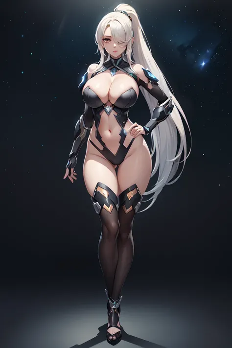 (Best quality,Unbeatable masterpiece:1.4),Ultra-detailed CG 4K,Black metal mech，Single high ponytail，Metal heels，Huge cleavage，Nipple presentation，Long white hair，obsessed，hair covering one eye，smooth thigh，standing with legs apart，in the stars，face to the...