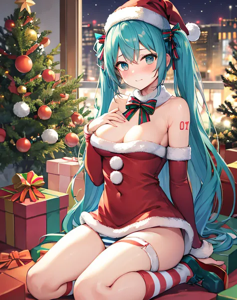 ​masterpiece、Top image quality、超A high resolution、miku hatsune、blue hairs、Twin-tailed、Blushing、Cute and shy、Facing forward、santa costume、Santa Costume Mini Skirt、Wearing a Santa Hat、firm breasts、well-shaped breasts、over-the-knee socks、Striped panties、There...