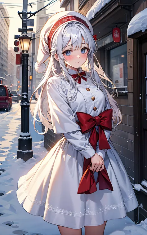 she is my lover。kissed a beautiful girl。she is wearing a white santa costume。Snow-covered street corner、Christmas blessings rained down in the form of light.。