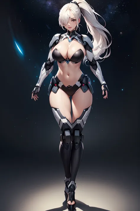 (Best quality,Unbeatable masterpiece:1.4),Ultra-detailed CG 4K,Black metal mech，Single high ponytail，Metal heels，Huge cleavage，Nipple presentation，Long white hair，obsessed，hair covering one eye，smooth thigh，standing with legs apart，in the stars，face to the...