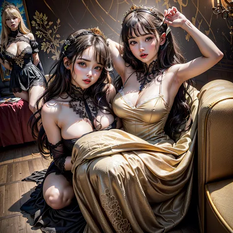 (2girls:1.5), Princess, Long hair, Passionate, (extremely detailed beautiful face), (Beautiful girl in princess dress:1.5), (Lace dress:1.4), Amazing face and eyes, (The sexiest look), (Best Quality:1.4), (hyper quality), (Ultra-detailed), (extremely detai...