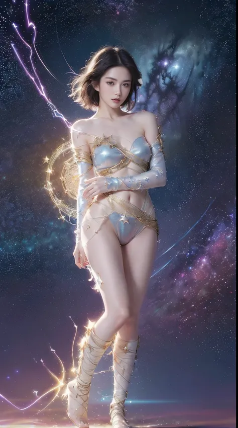 (tmasterpiece, top-quality, Best quality at best, offcial art, Beautiful and beautiful:1.2), (Girl in perfect shape:1.3), pale-skinned，Short hair details，Microvolumes，medium boob，The content is very detailed,(s fractal art:1.2),Colorful,The most detailed,(...