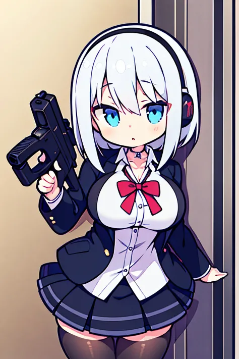 "anime girl, 1 person, silver-white hair mixed with black, blue eyes, wearing headphones, female shirt, female school uniform, big breasts, tights, standing cross-legged, holding a gun pointing at the perspective  , side view,loli , (full HD 4K+ image)"