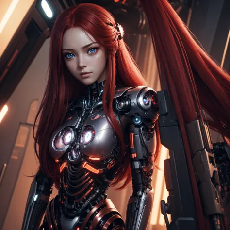 (extremely detailed CG unity 8k wallpaper), (finely detailed beautiful eyes: 1.2), (1 girl), (cyborg:1.3), (high-tech), (long crimson hair:1.2), embarrassed, (anime:1.2), Futurism, depth of field, (masterpiece:1.2), (best quality), 4K, high details