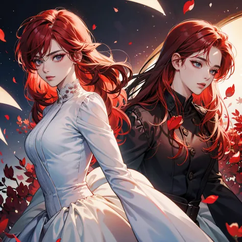 ((Top  Quality)), ((Masterpieces)) Villain leather suit and dress, rays, lens flares, Red petals, mana, Red hair, Smokey makeup, femme fatale, princess