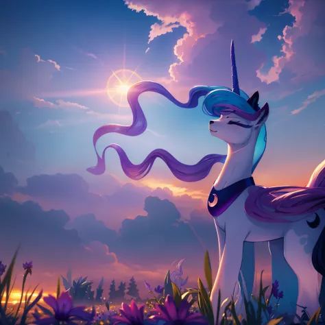 Princess Luna enjoying sunset and wind, field, closed eyes, distant gaze, pony, side view, peaceful, serene, elegant, beautiful, magical colors, flowing mane, regal, graceful, celestial, ethereal lighting, twilight sky, soft golden light, gentle breeze, fl...