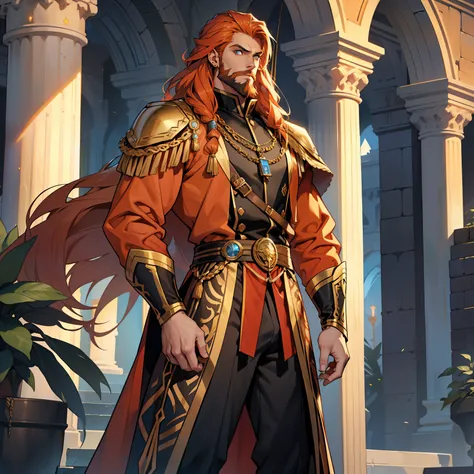 Atlantis is a tall and handsome man. Stands 7 feet 5. He is in good shape，With beautiful long silky orange hair and blue eyes. People always see him with a serious expression on his face. He was dressed in the finest royal attire of gold and black. His bea...