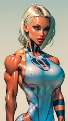 Drawing of platinum blonde katopunk female fitness model, detailed eyes, perfect eyes, toned body, feminine, huge upper body, torso shot, wide shoulders, veins, beautiful face, full lips, slim face, high cheekbones,(best quality, highres, ultra-detailed, r...