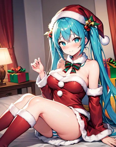 ​masterpiece、Top image quality、超A high resolution、miku hatsune、blue hairs、Twin-tailed、Blushing、Cute and shy、santa costume、Santa Costume Mini Skirt、Wearing a Santa Hat、large firm breasts、well-shaped breasts、knee sox、Striped panties、There are some small gift...