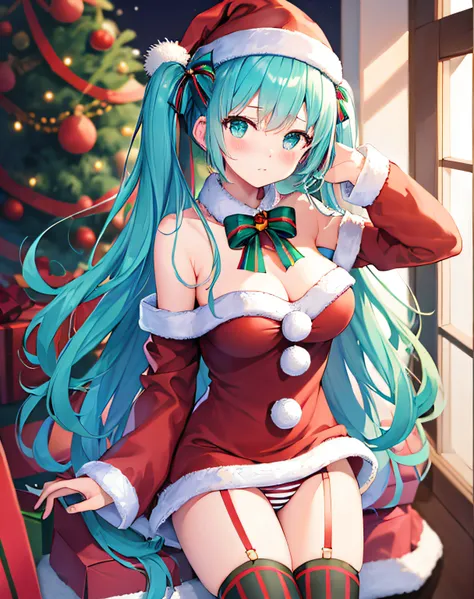 ​masterpiece、Top image quality、超A high resolution、miku hatsune、blue hairs、Twin-tailed、Blushing、Cute and shy、santa costume、Santa Costume Mini Skirt、Wearing a Santa Hat、large firm breasts、well-shaped breasts、knee sox、Striped panties、There are some small gift...