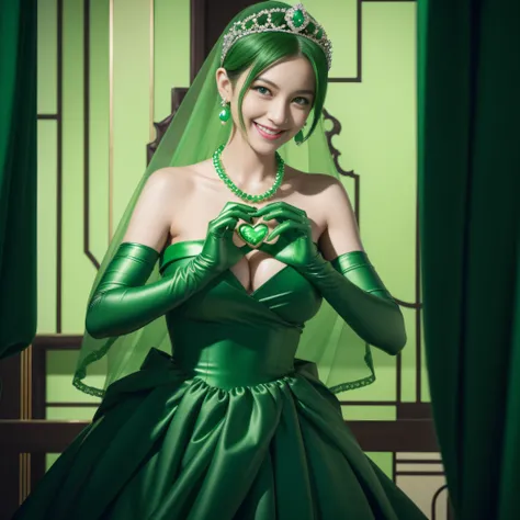 emerald tiara, Green Pearl Necklace, Boyish very short green hair, lipsticks, Japan woman smiling, very short short hair,  big breasts beautiful, Green eyes, Long green gloves made of satin material, Green eyes, Emerald Earrings, green vale, Heart with bot...