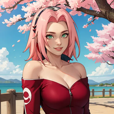 tmasterpiece， Best quality at best， 1girll， Sakura Haruno， Large breasts，Off-the-shoulder attire，（cleavage)，（upperbody closeup)，Raised sexy，is shy，ssmile，with pink hair， long whitr hair， （Green eyeballs:1.4)， Forehead protection， the cherry trees，Cherry bl...