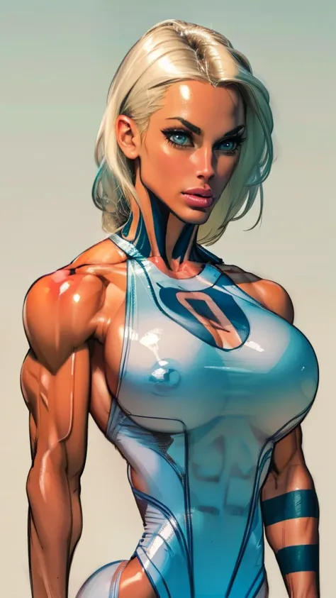 Drawing of platinum blonde katopunk female fitness model, detailed eyes, perfect eyes, toned body, feminine, huge upper body, torso shot, wide shoulders, veins, beautiful face, full lips, slim face, high cheekbones,(best quality, highres, ultra-detailed, r...