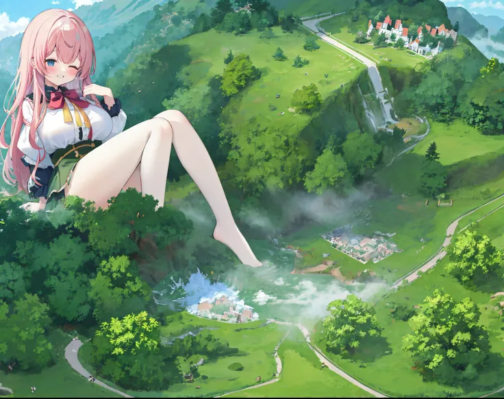 1个Giant Breast Girl，​​clouds， at a forest，mountain ranges，koyama， tmasterpiece, Best quality at best, The content is very detailed,tmasterpiece,Best quality at best,offcial art,extremely detaild的 CG unified 8k wallpapers，{{{A giantess}}}，Huge girl，100 mete...