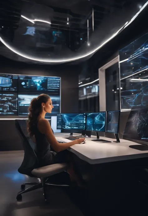 A girl sits in a futuristic office, surrounded by holographic screens, managing various enterprise resource planning (ERP) software applications. Sparkling lights are reflected in her eyes, emphasizing her focused gaze. She wears an elegant, professional o...