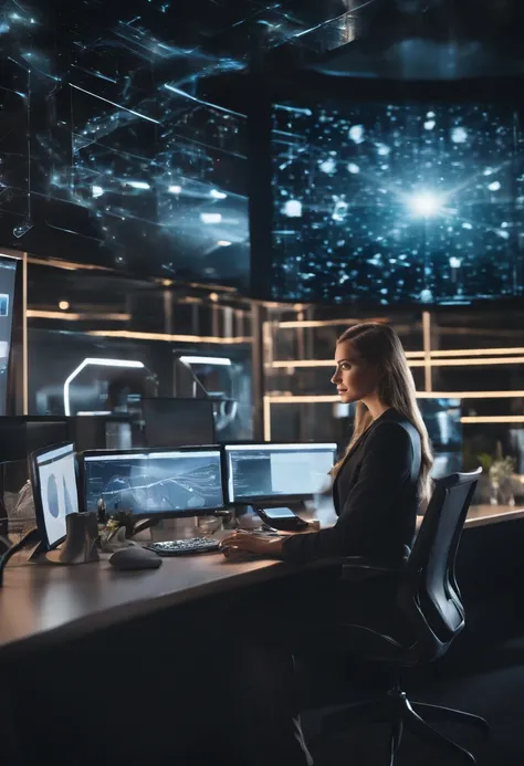 A girl sits in a futuristic office, surrounded by holographic screens, managing various enterprise resource planning (ERP) software applications. Sparkling lights are reflected in her eyes, emphasizing her focused gaze. She wears an elegant, professional o...