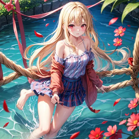 a blond、red eyes、1 pretty girl、animesque、lightly dressed、Blue plaid miniskirt、flower petals、bare-legged、wetting hair、sullenness、Camisole-wearing、rainbows、Kick the water