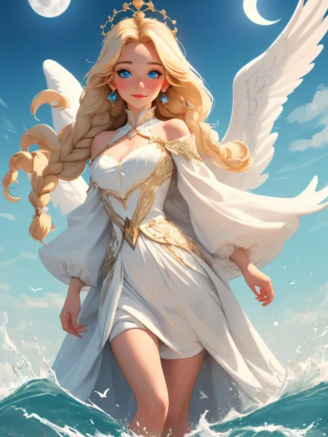 ,((Best quality))),8k,((Masterpiece)),(Extremely refined and beautiful), there is a girl coming out of the sea, a swan princess in Russian mythology, beautiful calm face, blue eyes, long blonde hair braided, the moon braided hair on the back of the head, w...