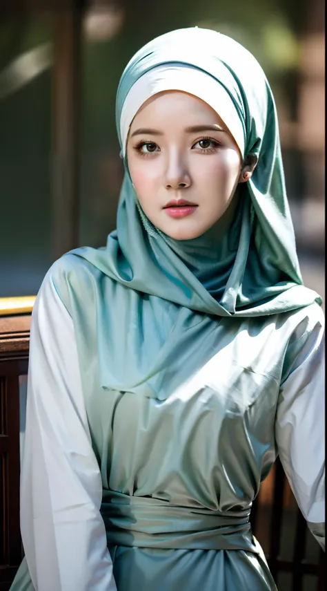 1girl, solo, beautiful face, high detailed realistic eyes, double eyelids, high detailed realistic pupils, (upon body from head to waist:1.36), (wearing hijab:1.37), (moslem headscarf:1.37), reading glasses, sitting alone on a long chair, amazing mosque pa...