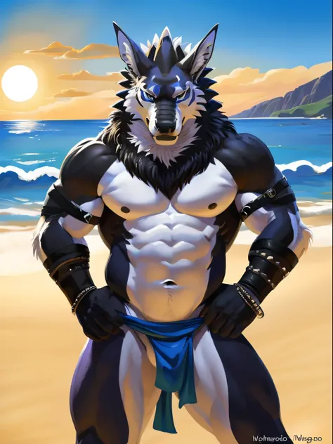 Weregarurumon. 4k, High resolution, La mejor calidad, Publicado el E621, solamente, Anthropogenic body, masculino, adulto, Masculino, (muy musculoso:1.2), anatomy correct, (Fondo de playa, Fondo del mar, Fondo del cielo, puesta del sol:1.0), (fondo borroso...