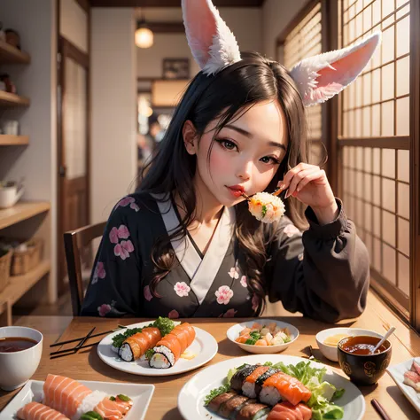 beautiful girl with bunny ears is eating sushi with salmon, Japanese style, hyper realism, high quality, —ar 9:16 --auto --s2