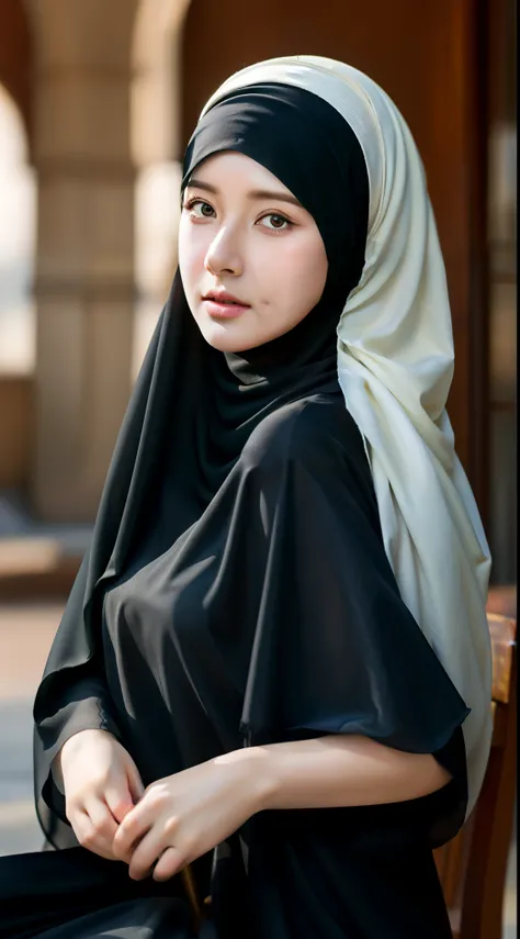 1girl, solo, beautiful face, high detailed realistic eyes, double eyelids, high detailed realistic pupils, (upon body from head to waist:1.36), (wearing hijab:1.37), (moslem headscarf:1.37), reading glasses, sitting alone on a long chair, amazing mosque pa...