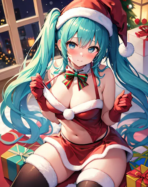 ​masterpiece、Top image quality、超A high resolution、miku hatsune、blue hairs、Twin-tailed、Blushing、Cute and shy、santa costume、Santa Costume Mini Skirt、Wearing a Santa Hat、large firm breasts、well-shaped breasts、knee sox、Striped panties、There are some small gift...