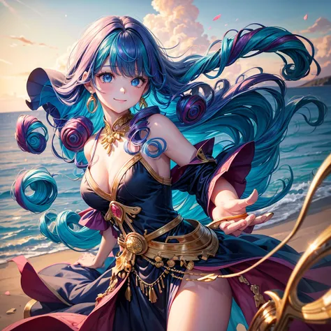 Highly condensed 1girl, (Iridescent hair, Colorful hair, Half blue and half pink hair: 1.2), 17 years old, Blue_skyporn, holding a magic wand, Summer (season), flower petals_SUI_Liquid, Hooded black cloak, Red and black ripped dress, Skirt: 1.2, (gold long...