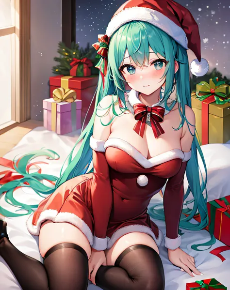 ​masterpiece、Top image quality、超A high resolution、miku hatsune、blue hairs、Twin-tailed、Blushing、Cute and shy、santa costume、Santa Costume Mini Skirt、Wearing a Santa Hat、large firm breasts、well-shaped breasts、knee sox、Striped panties、There are some small gift...