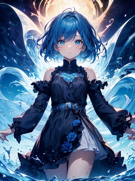 absurderes, hight resolution, (Official art, Beautiful and aesthetic:1.2), (myopia:1.15), (1girl in, Blue hair, Medium Hair, Blue eyes, Bright eyes, long white dress, blue frills,:1.2) Blue sky, Sparkling Galaxy, (Salar de Uyuni:1.2), (Fractal Art:0.8), Wa...