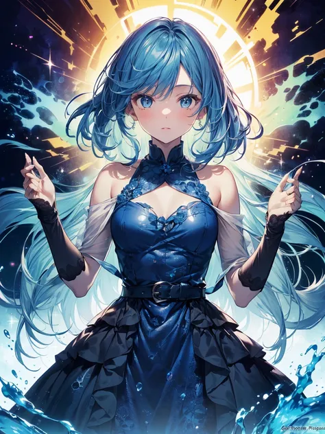 absurderes, hight resolution, (Official art, Beautiful and aesthetic:1.2), (myopia:1.15), (1girl in, Blue hair, Medium Hair, Blue eyes, Bright eyes, long white dress, blue frills,:1.2) Blue sky, Sparkling Galaxy, (Salar de Uyuni:1.2), (Fractal Art:0.8), Wa...