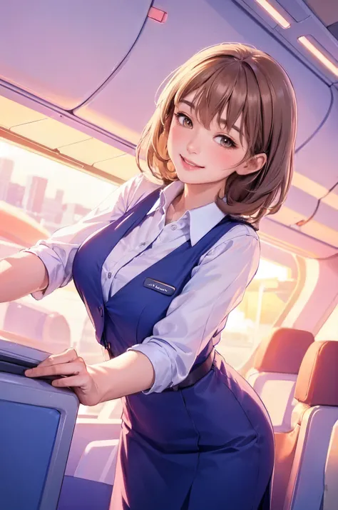 1lady standing, stewardess, (stewardess uniform), mature female, /(light brown hair/) bangs, blush happy smile,  (masterpiece best quality:1.2) ultra-detailed, large breasts BREAK /(airplane seat/) indoors