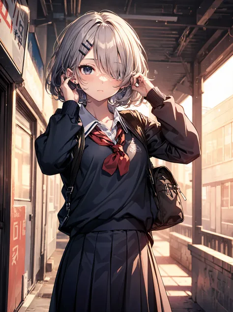 divine quality, anime moe art style,Best Anime 8K Konachan Wallpapers,Badass Anime 8K,Perfect Anatomy, (Draw a girl sleepily walking to school. ),BREAK, 1girl in, (Solo,Lori,child,13years:1.3),High school students, Very short hair,Parted bangs,(Hair over o...