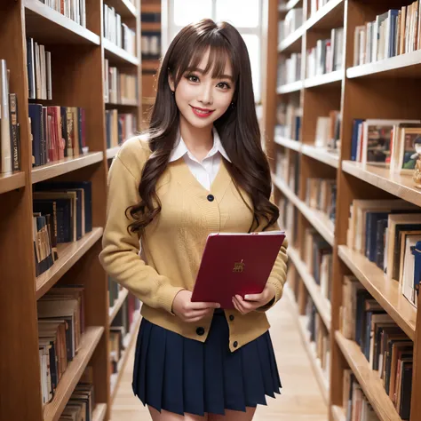 ((top-quality、masutepiece、8K、Top image quality))、Highly saturated、1 schoolgirl、((light brown cardigan、Uniform Shirt、Ribbon on the chest、navy pleats skirt))、The happiest smile、View me、waved hair、Being in the library、Stand next to a bookshelf、Bookshelf in ba...